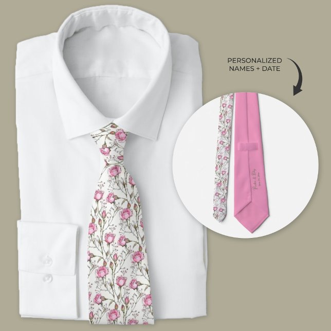 Pink Roses with Babies Breath Wedding Neck Tie (Wedding necktie for groom and groomsmen. White tie with cute pink roses and babies breath.)