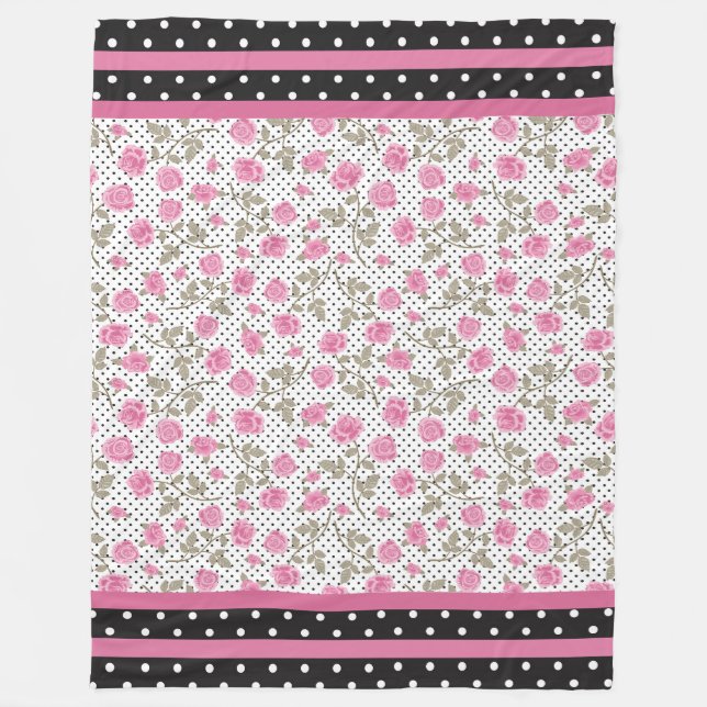 Pink Roses with Black Polka Dots Fleece Blanket (Front)