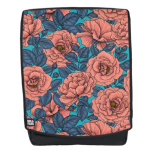 Pink roses with blue leaves on blue backpack