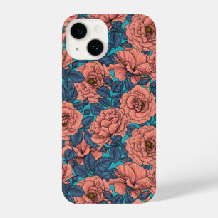 Pink roses with blue leaves on blue iPhone 14 case