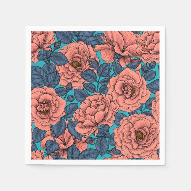 Pink roses with blue leaves on blue napkin (Front)