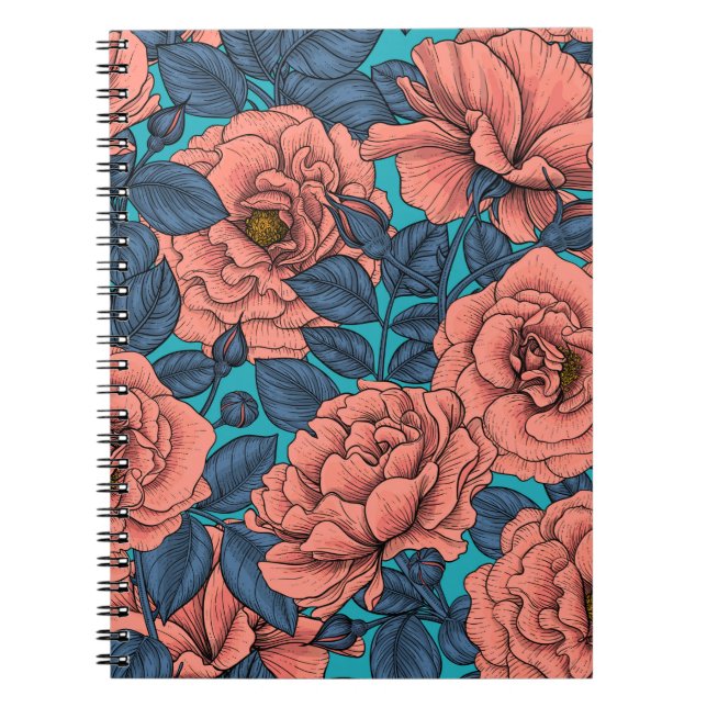 Pink roses with blue leaves on blue notebook (Front)