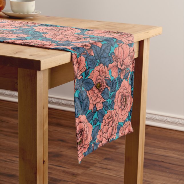Pink roses with blue leaves on blue short table runner (In Situ)