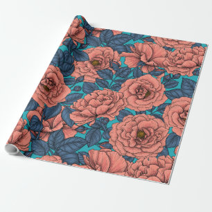 Pink roses with blue leaves on blue wrapping paper