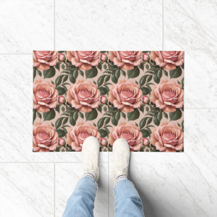 Pink Roses With Brushstroke Leaves Doormat