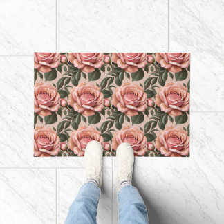 Pink Roses With Brushstroke Leaves Doormat