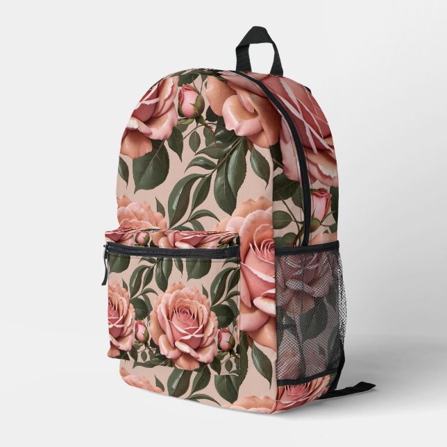 Pink Roses With Brushstroke Leaves  Printed Backpack (Back Corner Right)