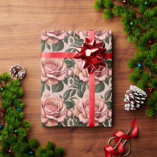 Pink Roses With Brushstroke Leaves Wrapping Paper