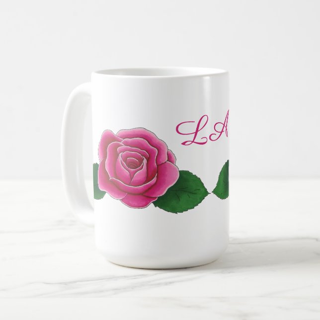 Pink roses with cursive initials personalised mug (Front Left)