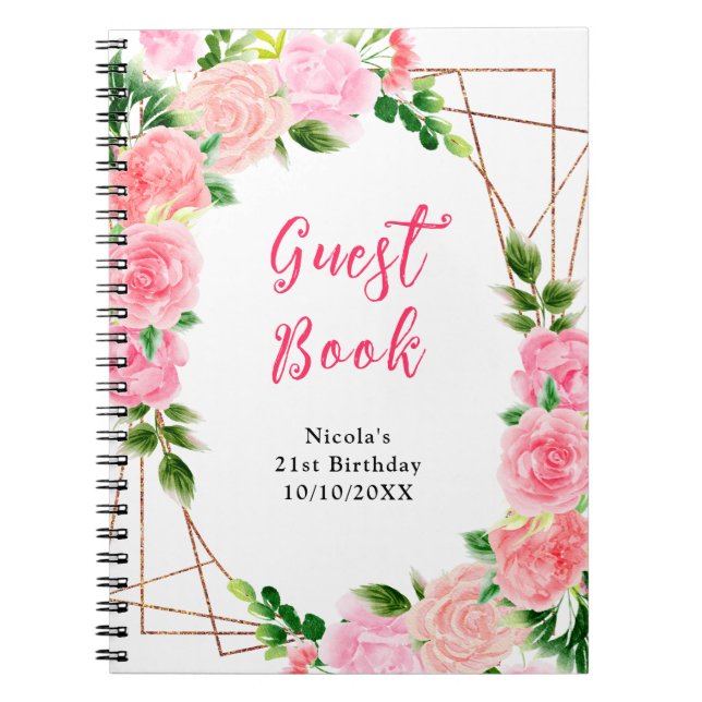 Pink Roses with Foliage Birthday Guest Book (Front)