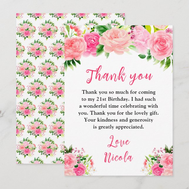 Pink Roses with Foliage Birthday Thank You Card (Front/Back)