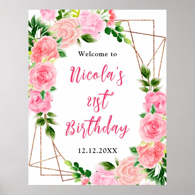 Pink Roses with Foliage Birthday Welcome Poster (Front)