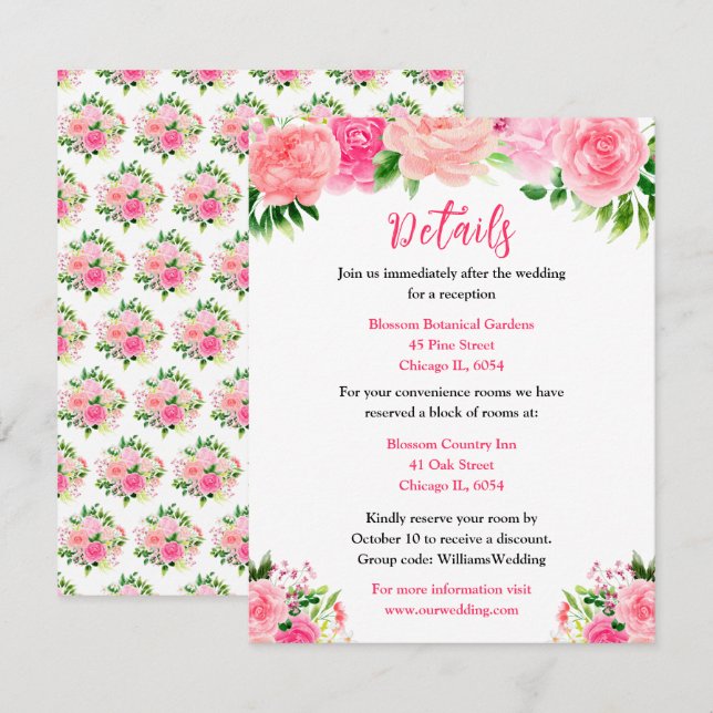 Pink Roses with Foliage Wedding Details Enclosure Card (Front/Back)