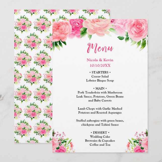 Pink Roses with Foliage Wedding Menu (Front/Back)