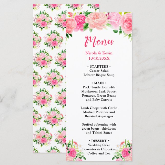 Pink Roses with Foliage Wedding Menu (Front/Back)