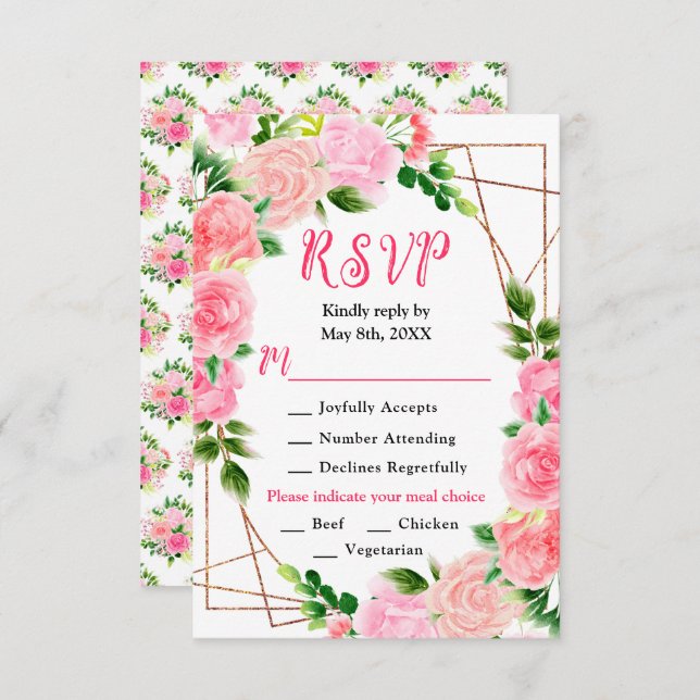 Pink Roses with Foliage Wedding RSVP Card (Front/Back)