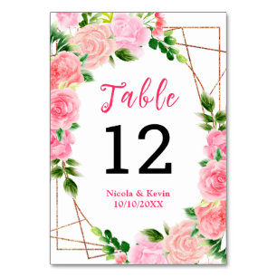 Pink Roses with Foliage Wedding Table Number