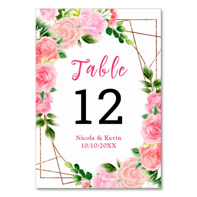 Pink Roses with Foliage Wedding Table Number (Front)
