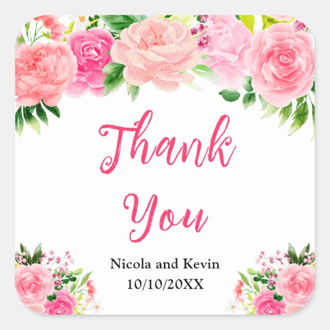 Pink Roses with Foliage Wedding Thank You Square Sticker (Front)