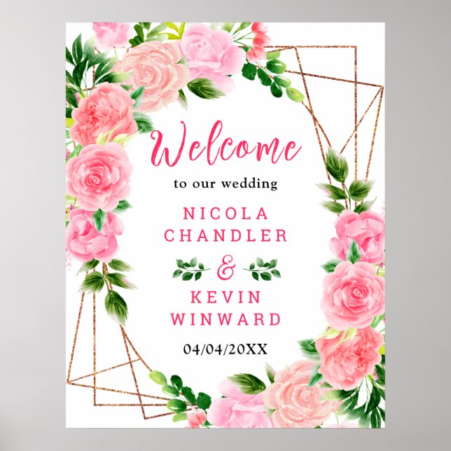 Pink Roses with Foliage Wedding Welcome Sign (Front)