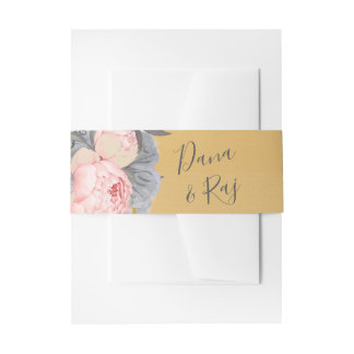 Pink Roses with Grey & Gold Wedding Invitation Belly Band