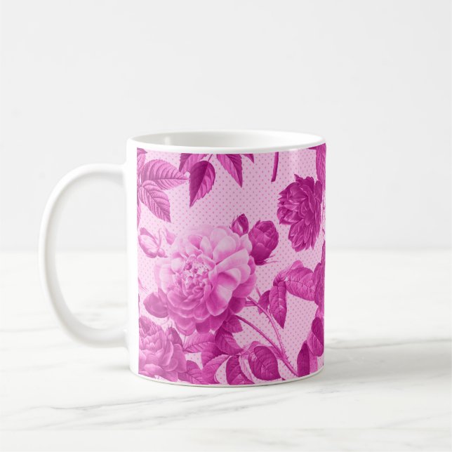 Pink Roses With Leaves Pattern Coffee Mug (Left)