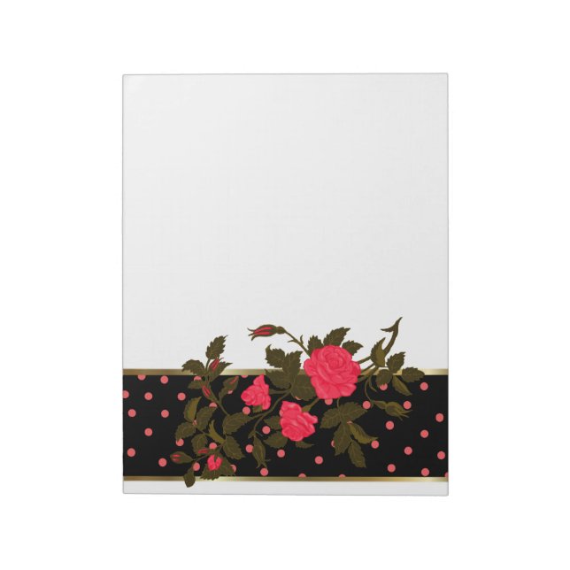 Pink Roses with Pink Polka Dots on Black Border Notepad (Rotated)