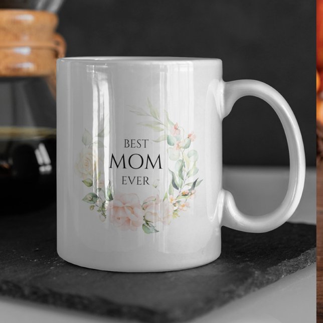 Pink roses wreath-Best Mum ever black typography Coffee Mug (Creator Uploaded)