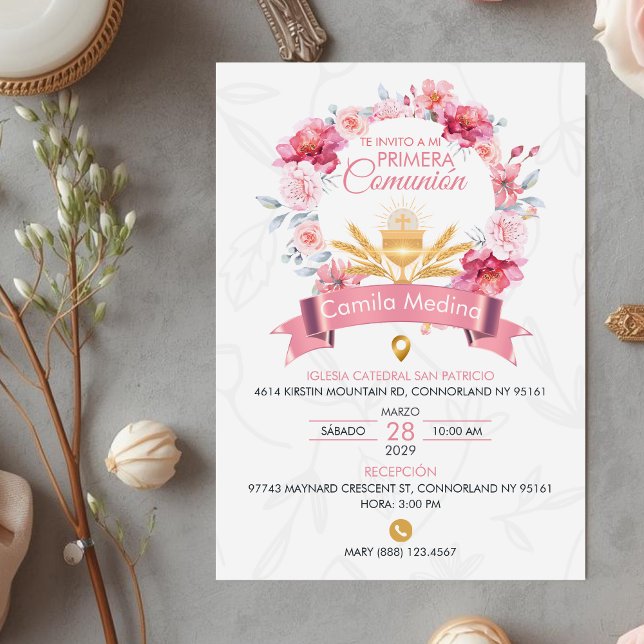 Pink Roses Wreath Chalice First Communion Invitation (Creator Uploaded)