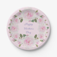 Pink Roses Wreath Happy Mother's Day Paper Plate