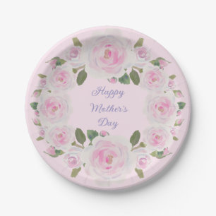 Pink Roses Wreath Happy Mother's Day Paper Plate