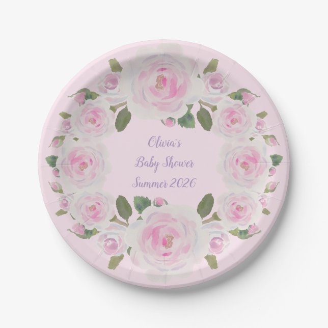 Pink Roses Wreath Name Paper Plate Baby Shower (Front)
