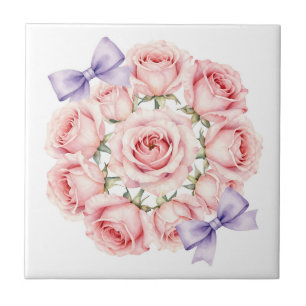 Pink Roses Wreath Watercolor Floral Ceramic Tile