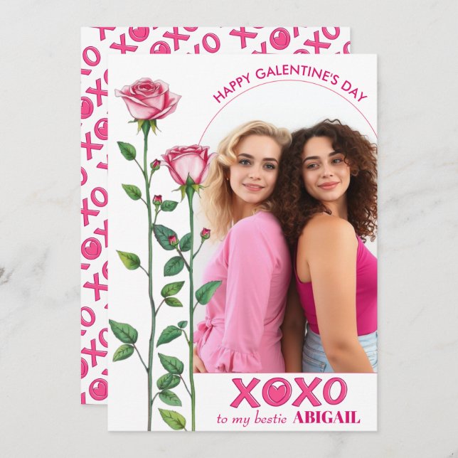 Pink roses, XOXO arch photo Galentine's Day Holiday Card (Front/Back)