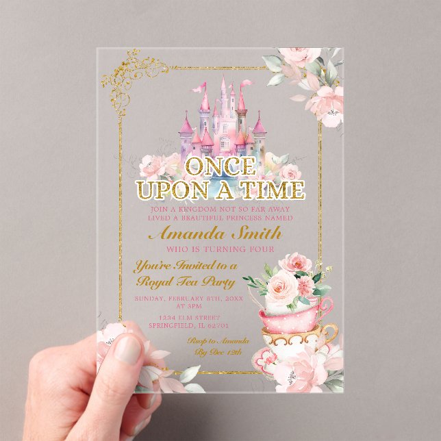 Pink Royal Castle Princess Tea Party 4th Birthday Acrylic Invitations (Insitu (Handheld))