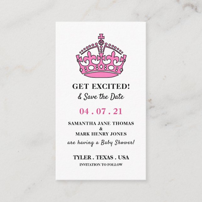 Pink Royal Crown, Get Excited and Save the Date Enclosure Card (Front)