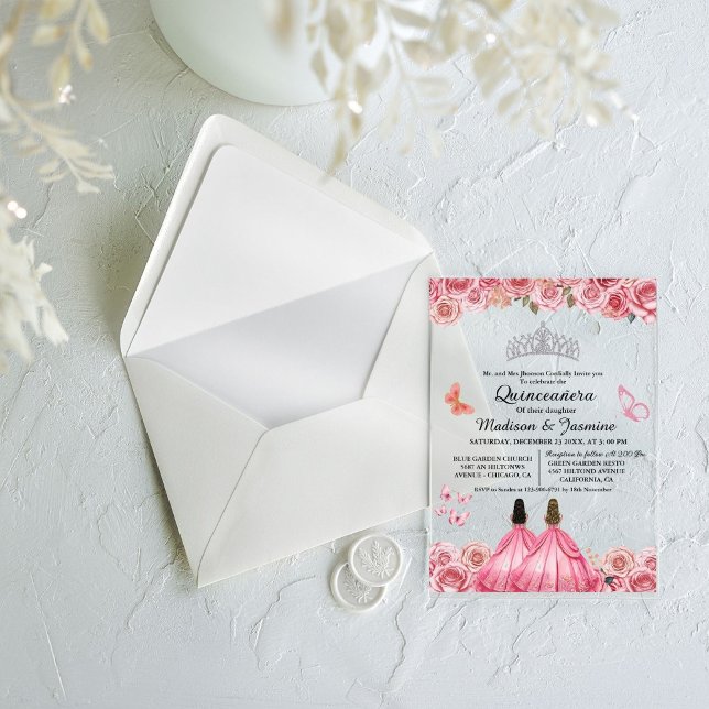 Pink Royal Floral Butterfly Twin Quinceanera Acrylic Invitations (Creator Uploaded)