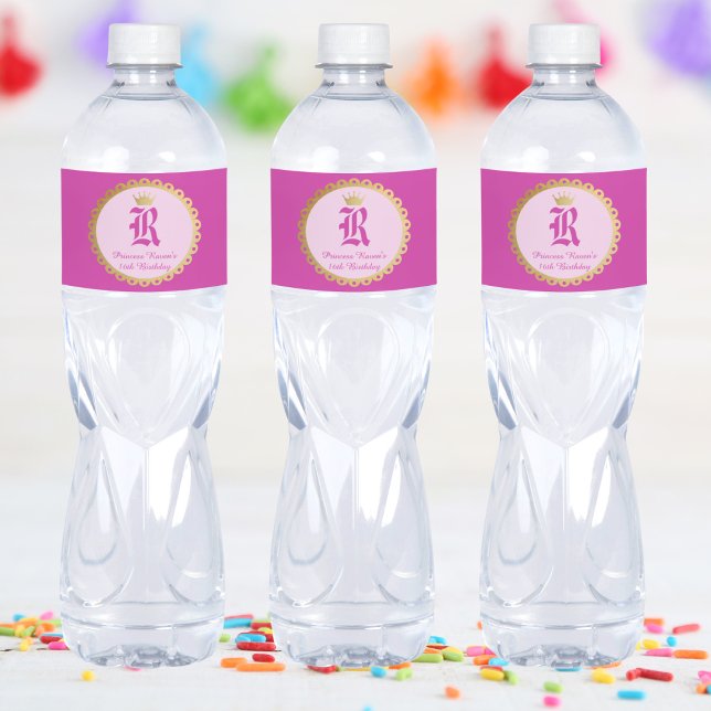 Pink Royal Princess Crown Girl Birthday Water Bottle Label (Creator Uploaded)