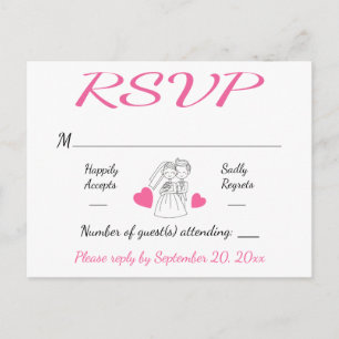 Pink RSVP Wedding Fuchsia & White Bride & Groom Invitation Postcard