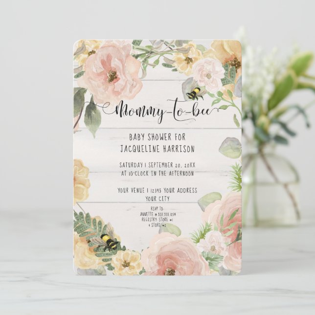 Pink Rustic BOHO Flowers Mummy to Bee Shower Invitation (Standing Front)