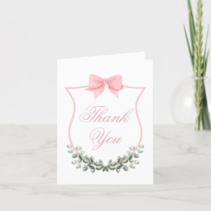 Pink Rustic Bow Eucalyptus Crest Baby Shower Thank You Card