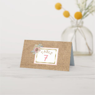 PInk Rustic Burlap Floral Wedding Table Number Place Card