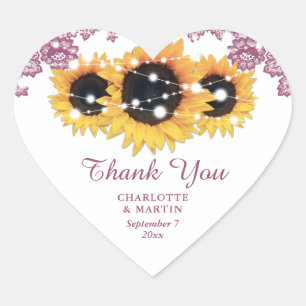 Pink Rustic Chic Lace Sunflower Wedding Heart Sticker