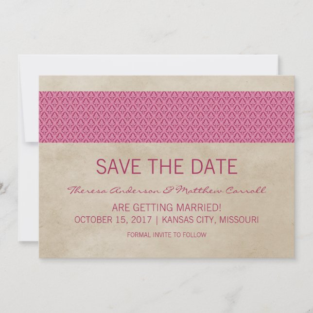 Pink Rustic Damask Save the Date Invite (Front)