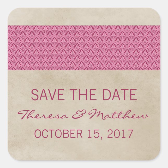 Pink Rustic Damask Save the Date Stickers (Front)