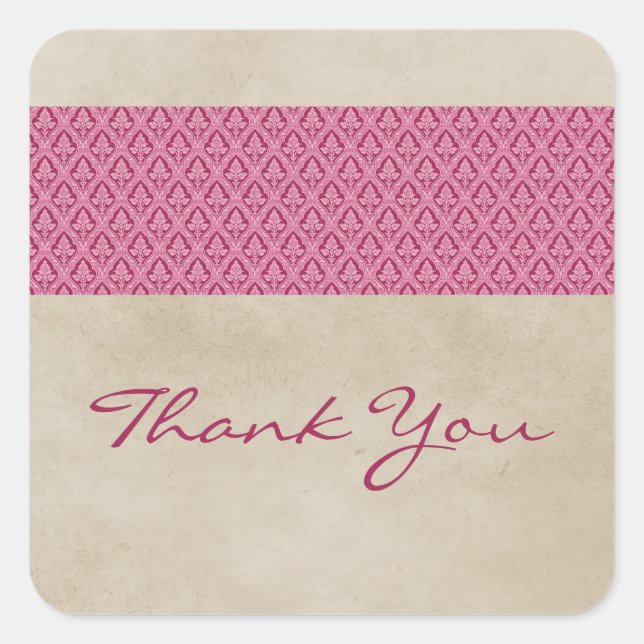 Pink Rustic Damask Thank You Stickers (Front)