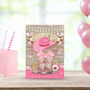 Pink Rustic Girly Cowgirl Boots Hat Birthday Invitation