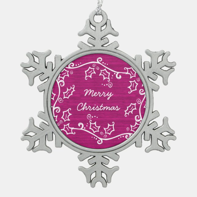 Pink Rustic Holly Snowflake Ornament (Front)