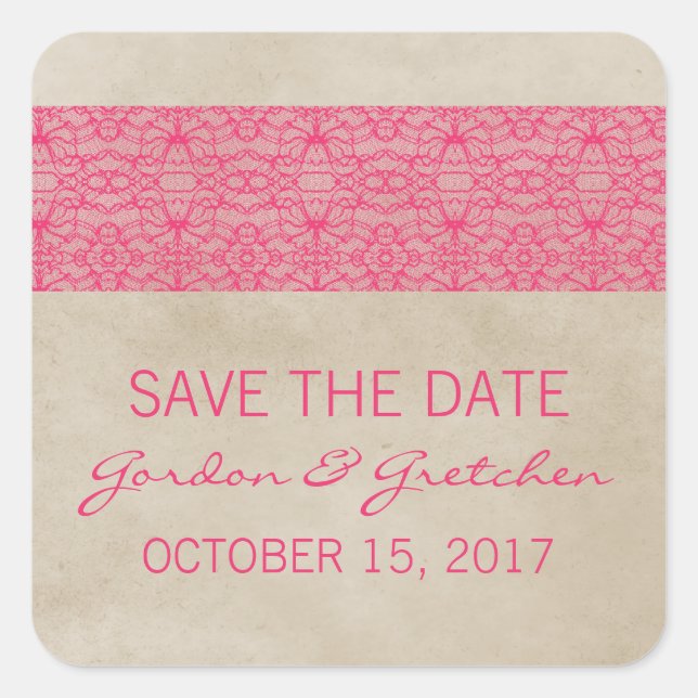 Pink Rustic Lace Save the Date Stickers (Front)