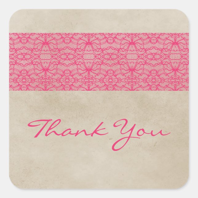Pink Rustic Lace Thank You Stickers (Front)